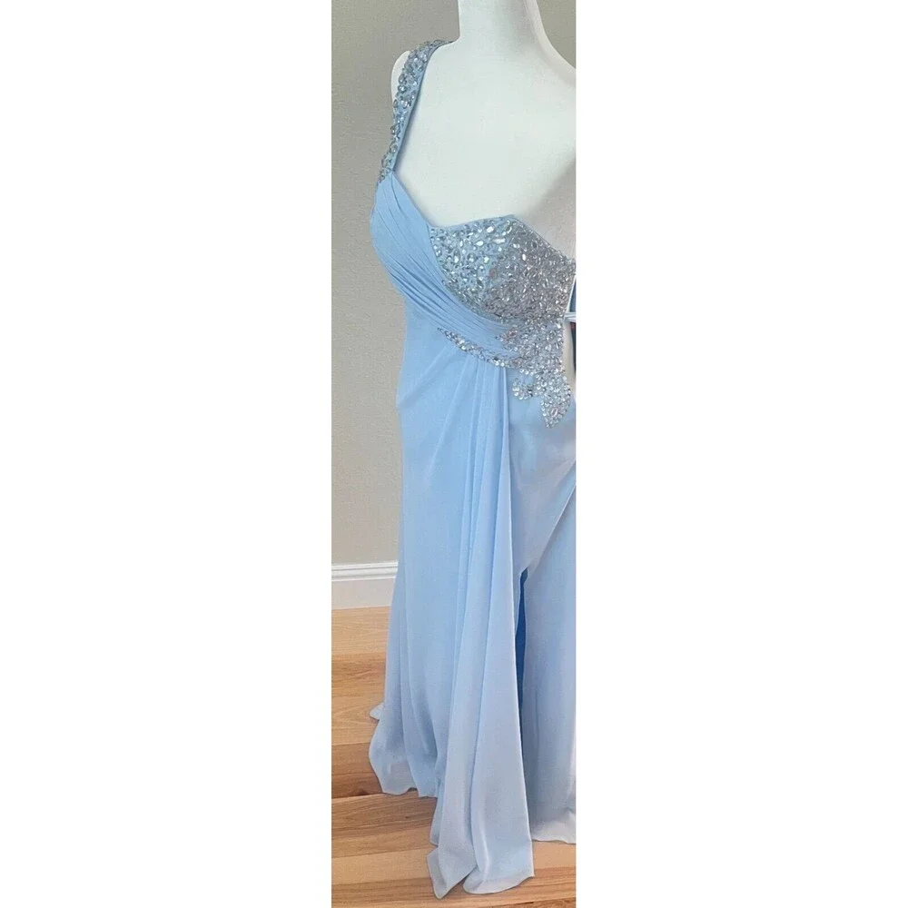 JJ's House prom gown one-shoulder chiffon beading sequin split-front cut-out wai - Picture 14 of 16